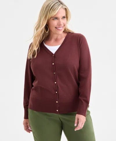 Macy's Jm Collection Plus Size V-neck Button-front Cardigan,  Exclusive In Burgundy