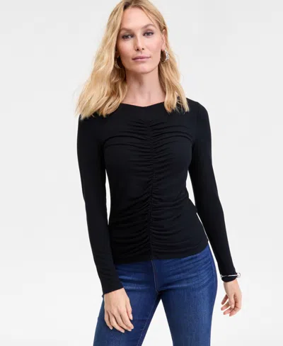 Inc International Concepts Women's Shirred-front Long-sleeve Top, Macy's Exclusive In Black