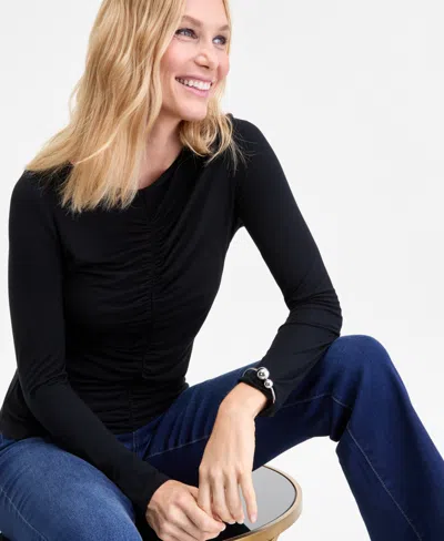 Inc International Concepts Women's Shirred-front Long-sleeve Top, Macy's Exclusive In Black