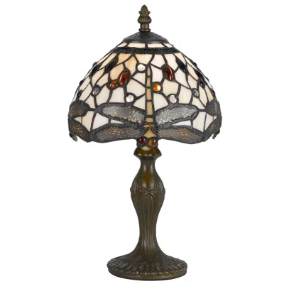 Hivvago Metal Body Tiffany Table Lamp With Dragonfly Design Shade, Multicolor In Brown