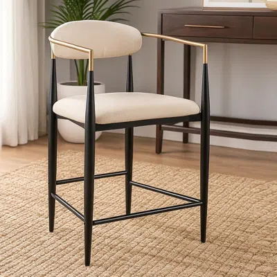 Hivvago Tiara Counter Height Chair Set Of 2, Beige Fabric, Black Metal 25 Inch In Black