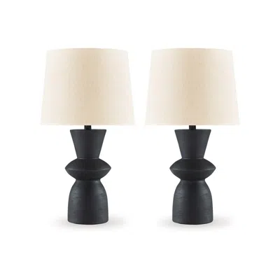 Hivvago 25 Inch Table Lamp Set Of 2, Black Sculptural Solid Base, Drum Hardback In Black