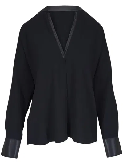 Vince Leather Trim Dolman Slv Blouse In Black