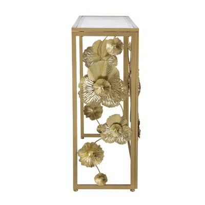 Hivvago 39 Inch Mirrored Top Console Table, Elegant Floral Design, Iron, Matte Gold