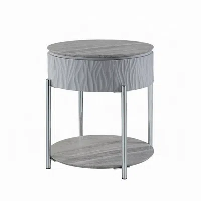 Hivvago Doug Side End Table, 22 Inch Gray High Gloss Wood, Chrome Metal Finish