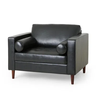 Hivvago Accent Club Chair, 45 Inch Padded Seat, Birch Wood Legs, Black Faux Leather