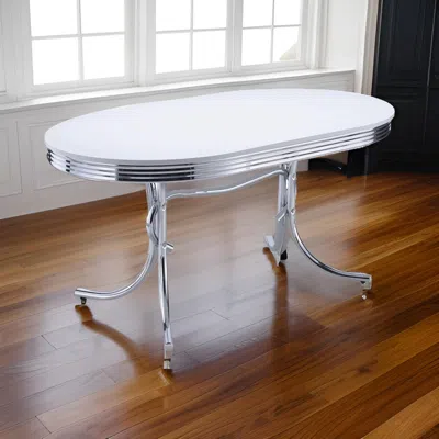 Hivvago Loy 60 Inch Oval Dining Table, Glossy White Wood Top, Ribbed Chrome Apron