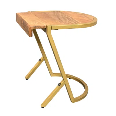 Hivvago 17 Inch Side End C Table, Natural Mango Wood Top With Drop Edge, Iron Gold Angled Frame