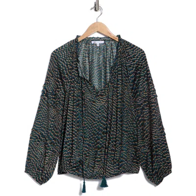 Dr2 By Daniel Rainn Tie Front Long Sleeve Satin Top In Blue