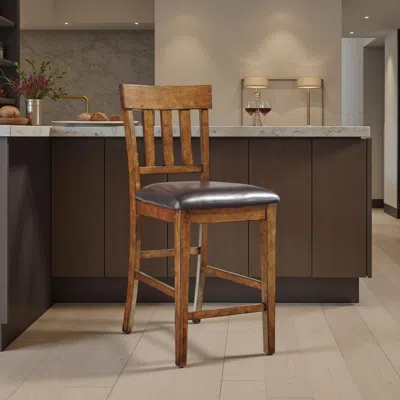 Hivvago Raly Counter Height Chair Set Of 2, Brown Faux Leather, Slatted Back