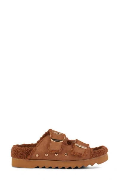 Azalea Wang Tresor High Pile Fleece Trim Slide Sandal In Brown