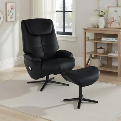 Hivvago Nita Swivel Accent Chair With Ottoman, Plush Black Top Grain Leather