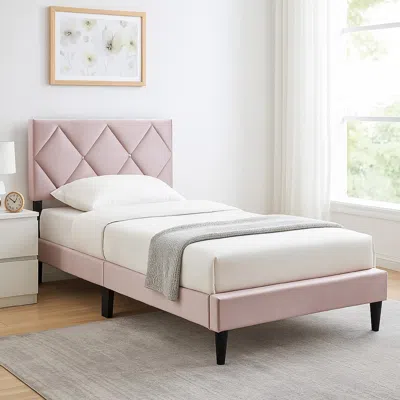 Hivvago Lilian Twin Bed, Tufted Light Pink Velvet Upholstery, Diamond Stitch
