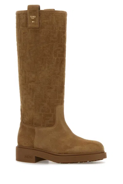 Fendi Cavallerizzo Boot Suede Ff Rubber Sole Boots Beige In Brown
