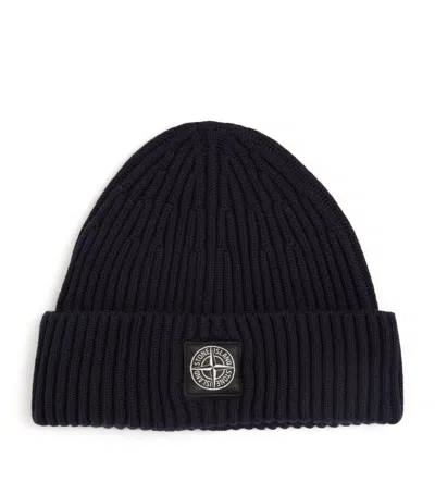 Stone Island Light Wool Knitted Beanie With Compass Patch Accessories In Black