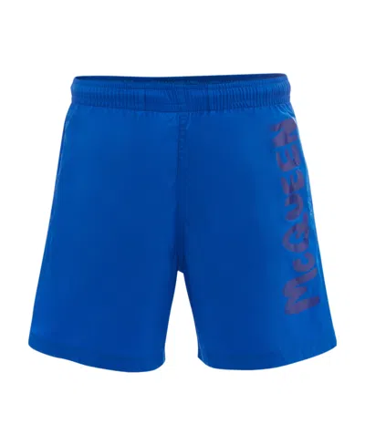 Alexander Mcqueen Graffiti Logo Swim Shorts In Blue