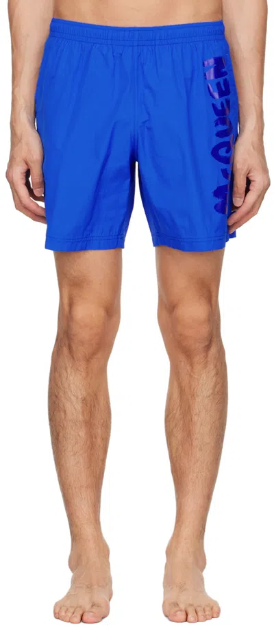Alexander Mcqueen Graffiti Logo Swim Shorts In Blue