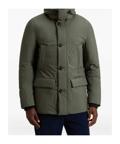 Woolrich Hooded Button-fastening Padded Jacket In Green