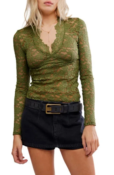 Free People All Day Lace Long Sleeve Top In Green