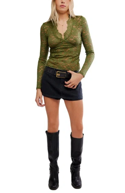 Free People All Day Lace Long Sleeve Top In Green