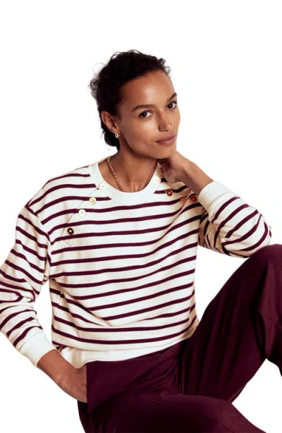 Boden Button Detail Stripe Cotton Sweatshirt In White