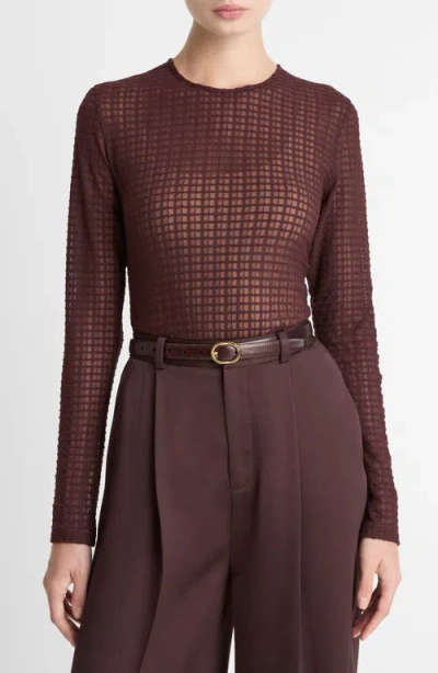 Vince Shadow Grid Long-sleeve Top In Brown