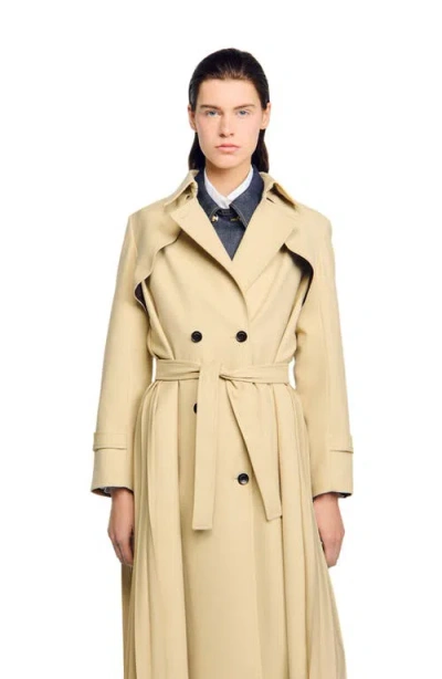 Sandro Belted Double-breasted Trench In Neutral