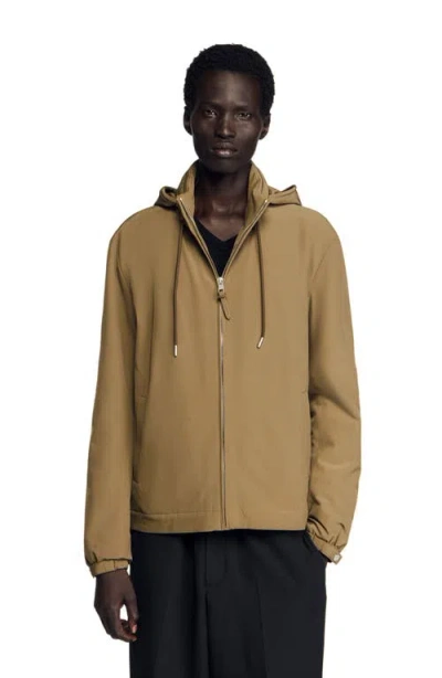 Sandro Zip-up Hooded Jacket In Brown