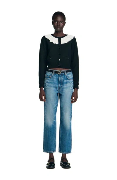 Sandro Womens Black Contrast-collar Button-down Knitted Cardigan In Black