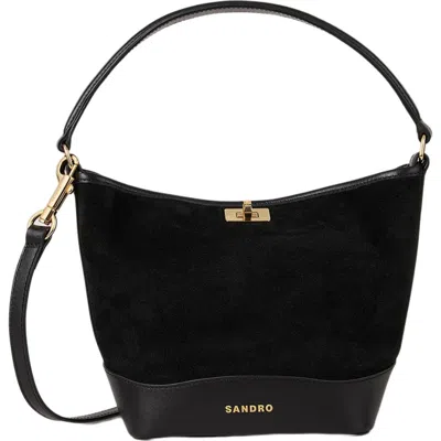 Sandro Womens Black Tangoso Small Suede And Leather Bucket Bag