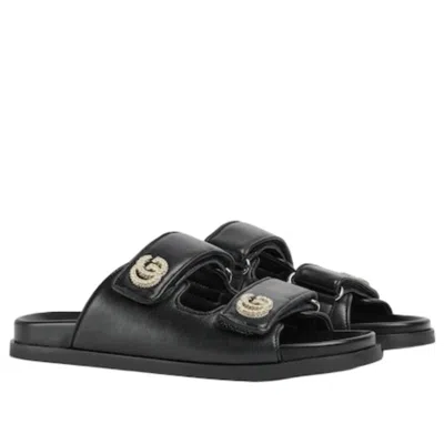Gucci Olive Green Leather Slippers In Black
