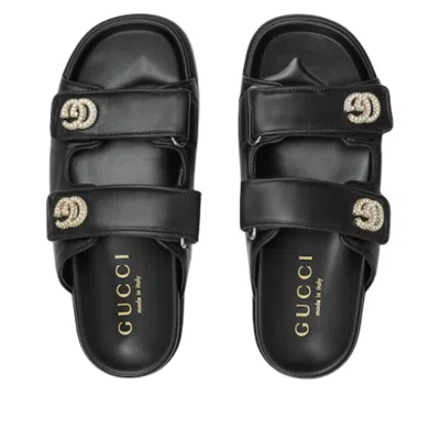Gucci Olive Green Leather Slippers In Black