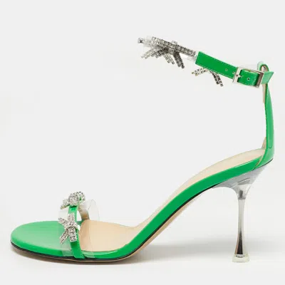 Pre-owned Mach&mach Green Patent Leather And Pvc Floating Crystal Bow Sandals Size 37.5