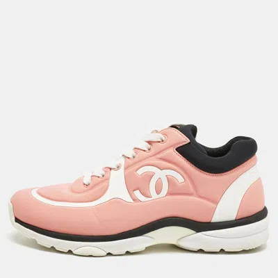 Pre-owned Chanel Pink/white Nylon Cc Low Top Sneakers Size 38