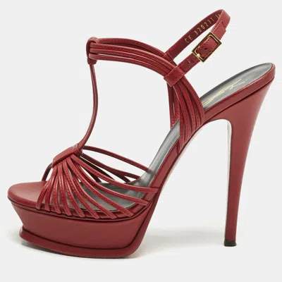 Pre-owned Saint Laurent Red Leather Platform Ankle Strap Sandals Size 38