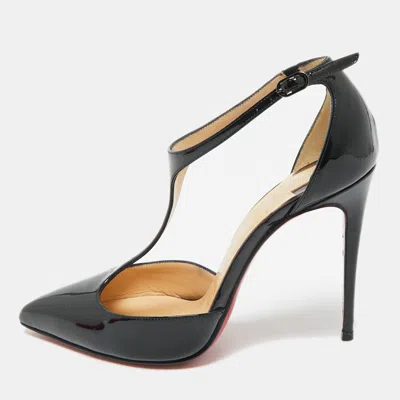 Pre-owned Christian Louboutin Black Patent Leather J String T-strap Pumps Size 35.5