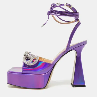 Pre-owned Mach&mach Purple Iridescent Leather Double Bow Platform Sandals Size 41