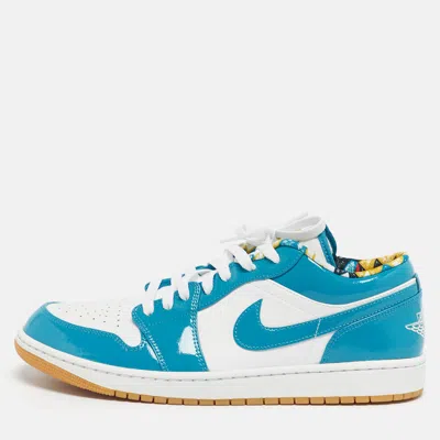 Pre-owned Air Jordans Blue/white Patent And Leather Jordan 1 Low Se Barcelona Cyber Teal Sneakers Size 45.5