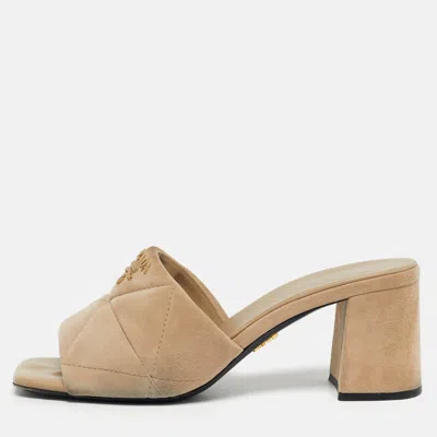 Pre-owned Prada Beige Suede Open Toe Slide Sandals Size 36