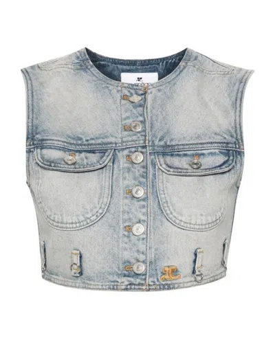 Courrèges Fitted Cropped Top With Button-down Front And Chest Pockets In Blue