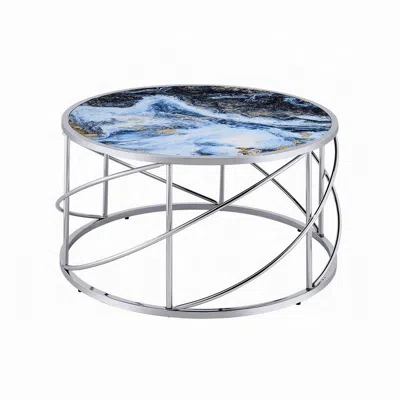 Hivvago 33" Blue And Silver Wood And Iron Faux Marble Geometric Frame Round Coffee Table In Gray