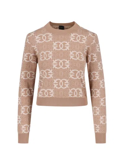 Pinko Crew Neck Top With Monogram Pattern In Neutral