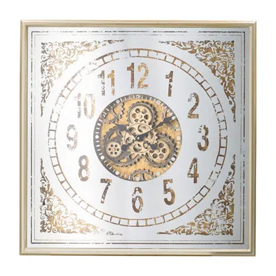 Hivvago 32 Inch Wall Clock, Decorative Gear Design, Square, Iron, White And Brown In Multi