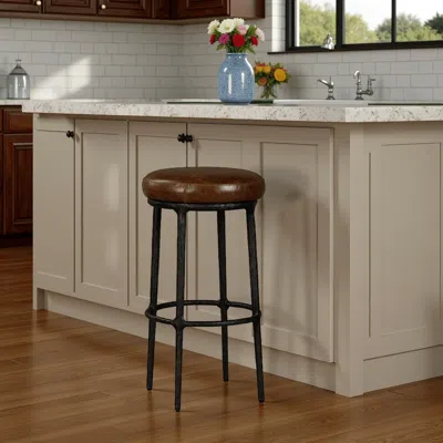 Hivvago Mey Counter Stool, Brown Leather Round Seat, Black Forged Iron Base In Brown