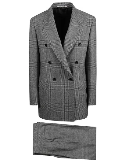 Tagliatore Checked Wool Suit With Double-breasted Jacket In Gray