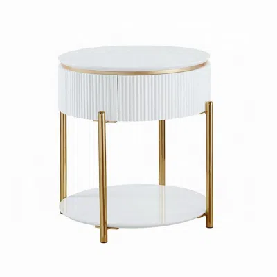 Hivvago Tyce Side End Table With Drawer, 22 Inch Glossy White, Gold Metal In White