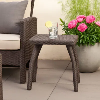 Hivvago Honi Side End Table, Square 19 Inch Brown Outdoor Rattan, Iron, Curved Legs In Brown