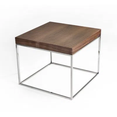 Hivvago Zen 24 Inch Side End Table, Square, Brown Wood Top, Chrome Steel Frame In Brown