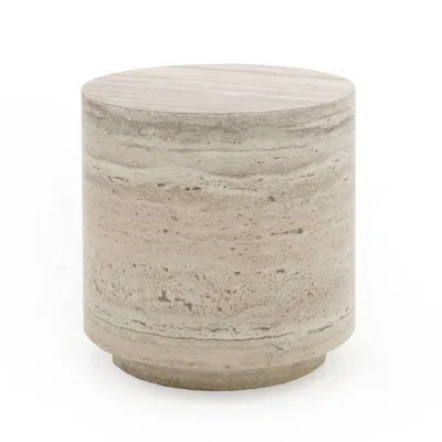 Hivvago Lia 18 Inch End Table, Round Travertine Stone Finish Laminated Top In Neutral