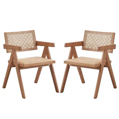Hivvago Tina 22 Inch Dining Armchair Set Of 2, Woven Rattan, Natural Brown Wood In Brown